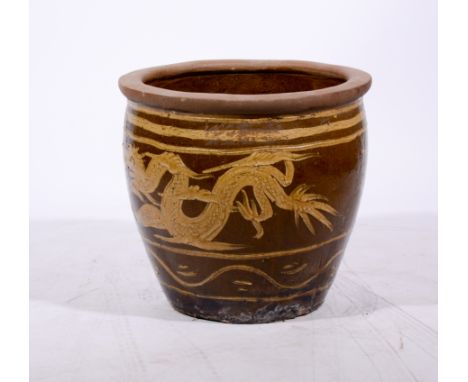 Large terracotta planter, decorated with a dragon, 47cm.