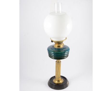 Edwardian oil lamp, with chimney opaque shade, tinted glass reservoir, brass column, circular base, 60cm; preserving pan; can