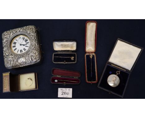 Large nickel top wind pocket watch contained in silver mounted leather case, portrait miniature, three stick pins and a stone