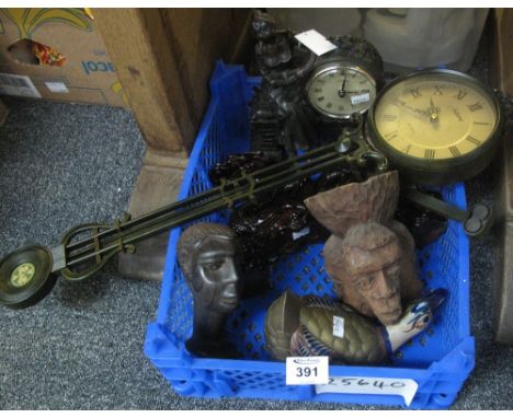 Box of assorted mainly modern items to include; figural mantel clock, Chinese sculpture of a dragon, tribal bust etc. (B.P. 2