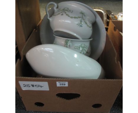 Two Bisto basket design chamber pots, together with an original 'Perfection' bed pan and a floral bowl. (B.P. 24% incl. VAT)