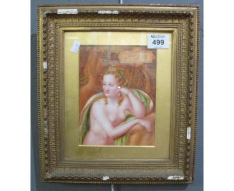 Early 19th Century French portrait study of a nude goddess with text panel, possibly on porcelain with hand written text vers