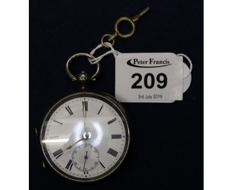 Silver key wind lever pocket watch in engine turned case with white enamel Roman face having seconds dial. Key. (B.P. 24% inc