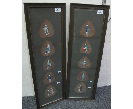 Chinese school, two framed groups of five each portrait studies on Peepal leaves. Each panel of five measuring 77 x 21cm appr