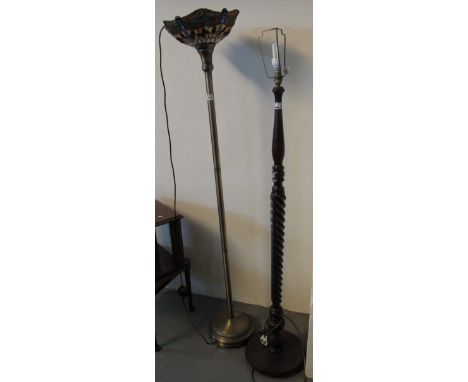Modern Tiffany style and brass standard lamp, together with a mahogany standard lamp on circular base. (2)(B.P. 24% incl. VAT