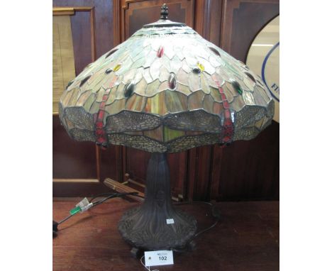 Modern Tiffany style bronzed large table lamp and leaded glass shade decorated with dragonflies. (B.P. 24% incl. VAT)