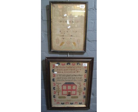 Two 19th Century needlework tapestry samplers, religious in memorium text and child's sampler 'By Thou Faithful unto Death an
