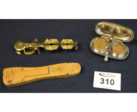 Set of wooden sovereign or coin scales, set of gilded brass sovereign scales and a plated two coin sovereign case. (3)(B.P. 2