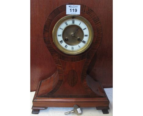 Large rosewood cross banded mahogany balloon shaped two train mantel clock with ceramic Roman chapter ring, full depth door r