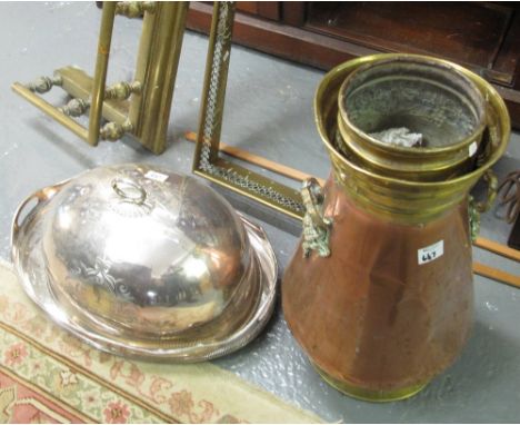 A collection of metalware to include; brass fire fenders, brass helmet shaped coal scuttle, music stand, silver plated meat c