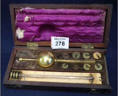 Cased hydrometer with thermometer but incomplete set of weights. (B.P. 24% incl. VAT)