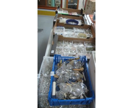Seven boxes of assorted chandelier and light fittings, lusters, spandrels, glass marbles and associate pieces etc. (B.P. 24% 