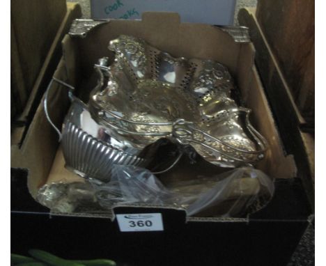 Box of assorted silver plated items to include; pierced cake basket, two handled sucrier, loose plated cutlery, ink blotter w