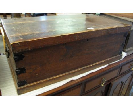 Vintage stained pine trunk or carpenters box with metal mounts and carrying handles. (B.P. 24% incl. VAT)