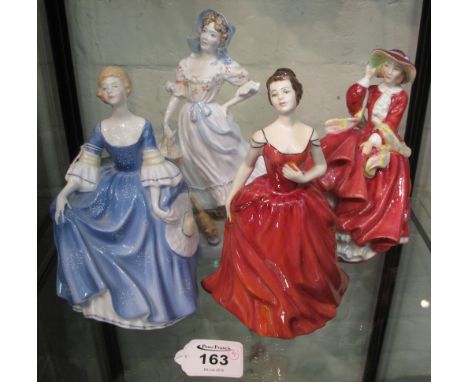 Four bone china figurines to include; Royal Worcester Old Country Ways 'The Milkmaid' and Royal Doulton 'Innocence' 2842, 'Hi