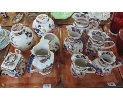 Two trays of Mason's Ironstone Mandalay and Mandarin items to include; ginger jar and covers, pouch shaped dresser jugs, lidd