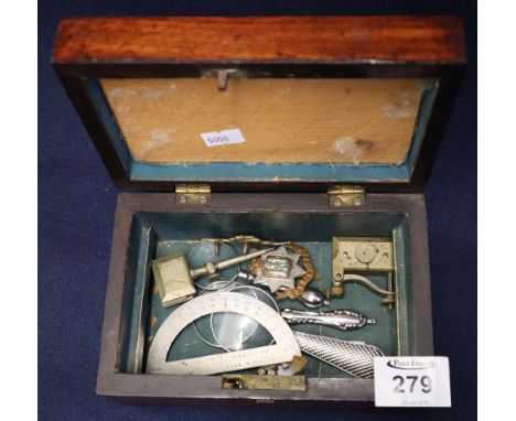 Rosewood jewellery box with mother of pearl inlay, containing magnifying glasses, military cap badges and other oddments. (B.