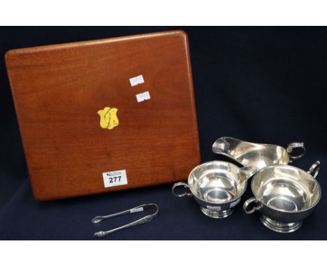 Mahogany cutlery box and items of silver plate including; sauce boat, sucrier, cream jug and tongs. (B.P. 24% incl. VAT)
