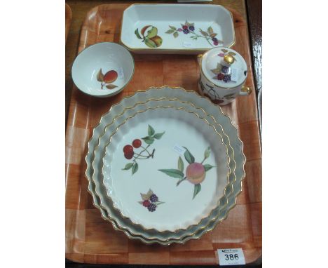Tray of Royal Worcester Evesham oven to tableware items to include; three graduated flan dishes, pedestal bowl, preserve pot 