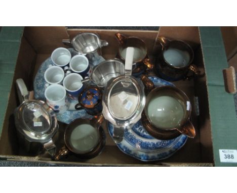 Box of assorted china and metalware to include; blue and white plates, copper lustre dresser jugs, Art Deco design silver pla