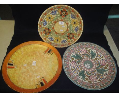 A large Crown Ducal pottery charger with dash outlined geometric decoration, together with a Crown Ducal Charlotte Rhead desi
