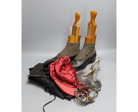 A pair of 19th century buttoned boots, a pair of spats, a red silk jockey's cap, a pair of spurs and another pair sleeves and