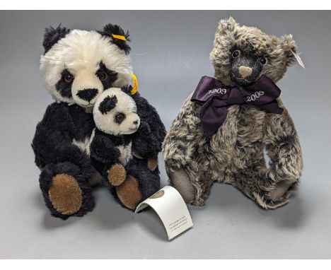 Danbury Mint - Steiff Panda and Baby, Mararette Steiff centenary bear with box and certificate, Steiff bear 25 cms high.