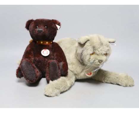 Steiff British Blue Cat with box and certificate, Limited Edition with Steiff Teddy Bear dark red Limited Edition, box and ce