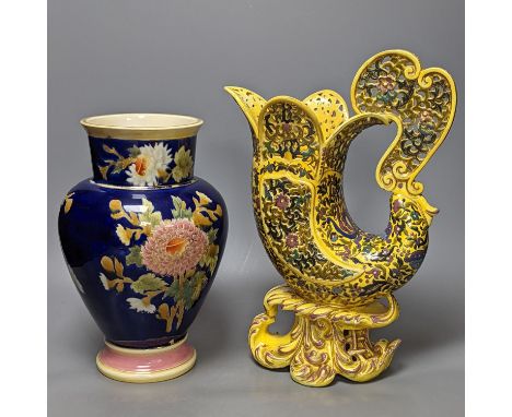 A Varoslod yellow-glazed ewer and a Zsolnay vase 37cm