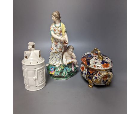 Two Chelsea Derby figure groups, three Derby Japan-pattern items to include an ice pail and two sucrier, together with a Cope