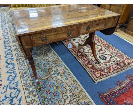 A Regency satinwood banded rosewood sofa table, width 101cm, depth 60cm, height 74cm