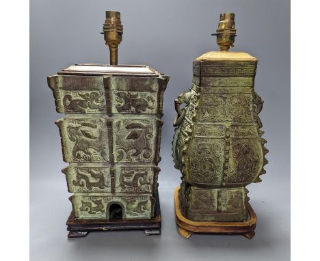 Two Chinese archaic style bronze lamp bases, 38 cm high to top of fitting