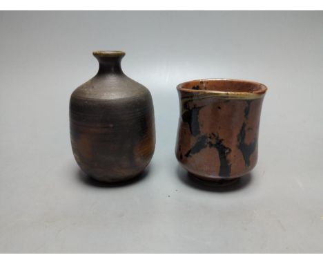 A quantity of various scrolls (faded pink, unreadable), and two Japanese studio ceramic pots, tallest 12cm.