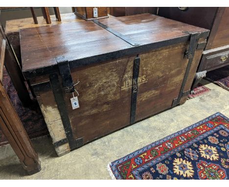 A Victorian iron bound teak trunk with zinc lined interior, width 110cm, depth 67cm, height 61cm