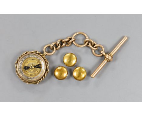 An Edwardian 15ct gold, bloodstone and compass set fob, on a 15ct gold suspension chain, together with three cased 15ct gold 