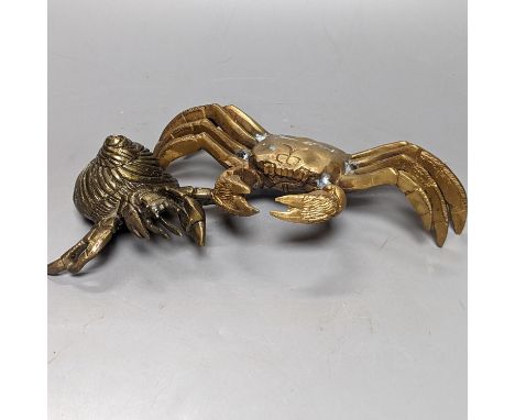 A pair of bronze crabs, largest 22.5 cms wide.