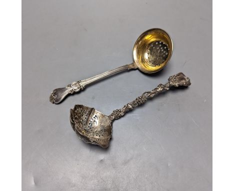 A late 19ty century Russian 84 zolotnik sifter ladle, assay master Ludvig Zug, 187?, 18.7cm, and a Victorian silver sifter sp