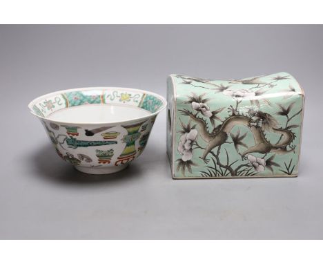 A Kangxi famille verte bowl, 20cm (a.f.) and a Chinese Dowager Empress-pattern pillow with dragons