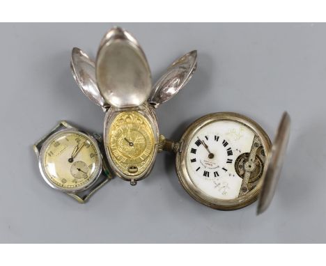 A gentleman's steel manual wind wrist watch, retailed by J.W. Benson, two other watches including silver pocket watch and a R