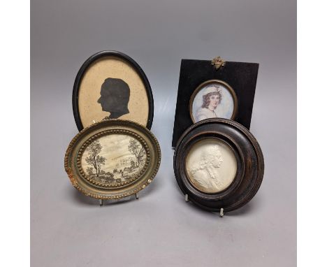 A plaster relief portrait, Samuel Pepys, frame 13cm., a Victorian portrait miniature on ivory, a silhouette portrait and a wo