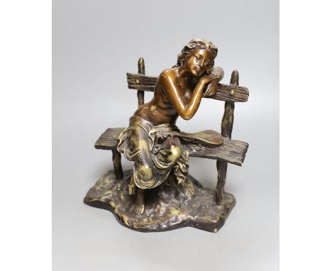 A bronze female, seated with lute, 27cm.