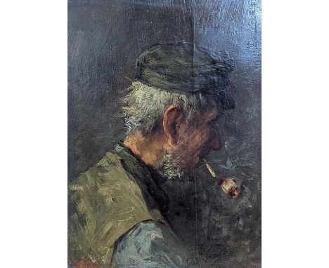 Joseph Israels (1824-1911), oil on wooden panel, Portrait of a pipe smoker, signed, 33 x 25cm
