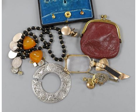 Mixed jewellery including two 9ct gold studs, a 9ct gold and enamel brooch, gross 5 grams and other items including silver br