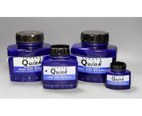 Four large display ceramic Royal Blue Parker Quink ink bottles, largest 20 cms high.