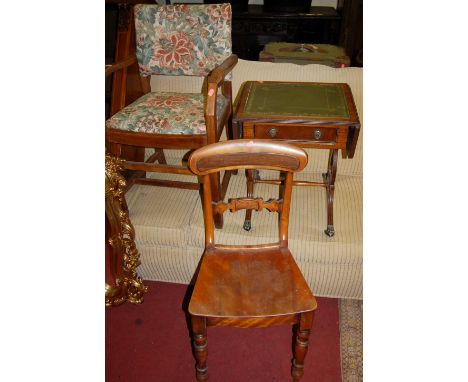 Occasional furniture to include; walnut freestanding open bookshelf, beech and floral upholstered elbow chair, panel seat hal