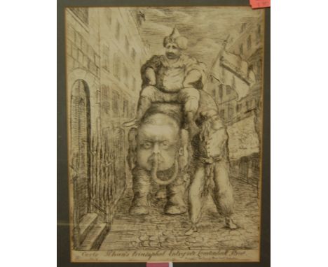 Carlo Karns - Triumphant entry into Leadenhall Street, late 18th century satirical print, 29 x 22cm; Alarming situation, earl