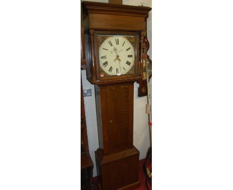 A 19th century provincial oak longcase clock, having a painted dial, indistinctly signed, with thirty hour movement 