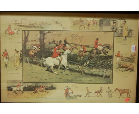 Humorous hunting print; set of three French erotic framed and glazed postcards; a framed group of early erotic photographs; a