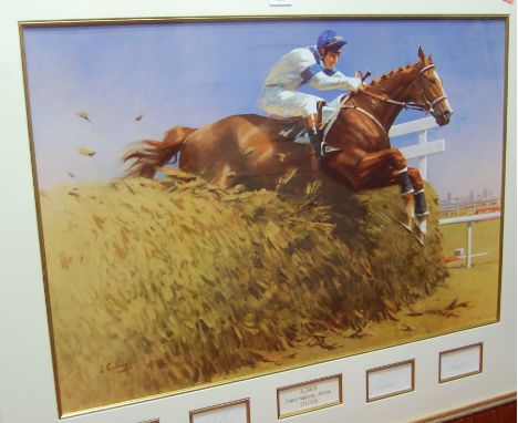 After Peter Curling - Aldaniti at the Grand National, limited edition print No.234/500, signed by the artist, jockey, trainer