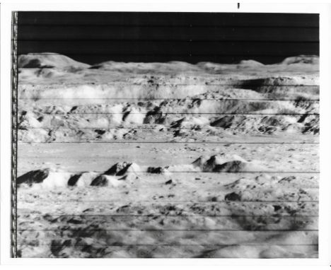 Camera onboard Lunar Obiter II's robotic spacecraft A portion of the first close up photograph of the crater Copernicus - an 